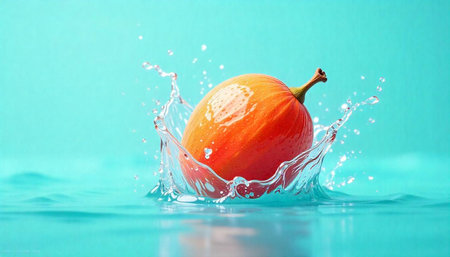 Fresh mango splashes in water against a vibrant background