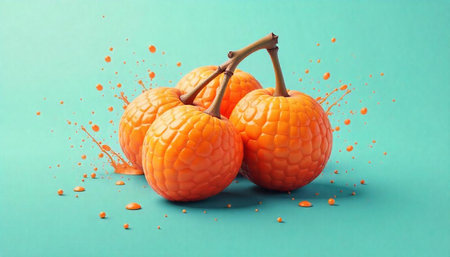 Bright orange fruit and splashes on a turquoise background