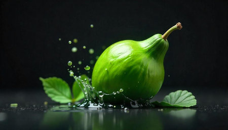 Green pear splash on dark background creates visual impact