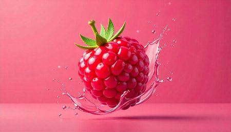 Vibrant raspberry with water splash on a pink background