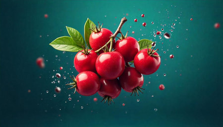 Fresh cherry tomatoes on a branch floating with water droplets