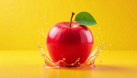 Bright red apple with juice splash on yellow background