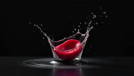 Red liquid splash on dark background forming crown shape
