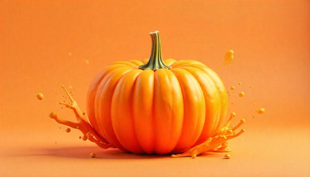 Orange pumpkin with paint splashes on orange backgroundの写真素材