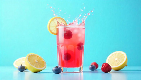 Refreshing raspberry lemonade with ice and splash in glass