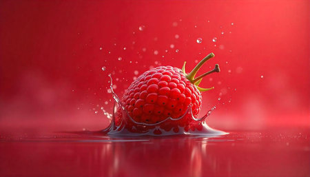 Red raspberry splash, dynamic food photograph with vibrant colors