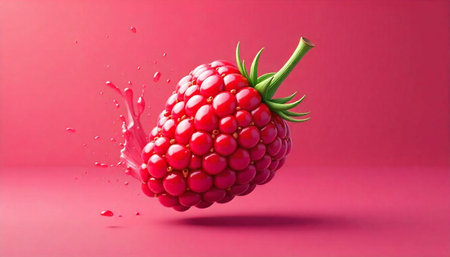 Vibrant raspberry floating with splash against pink backdrop