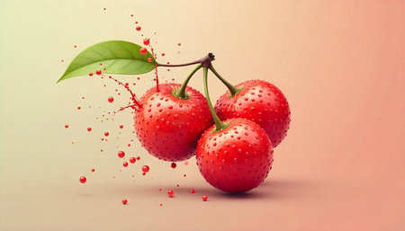 Vibrant Red Cherries with Splashing Juice on Neutral Backdrop