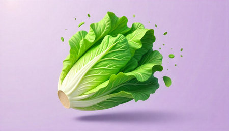 Floating bok choy, fresh green leaves on purple background