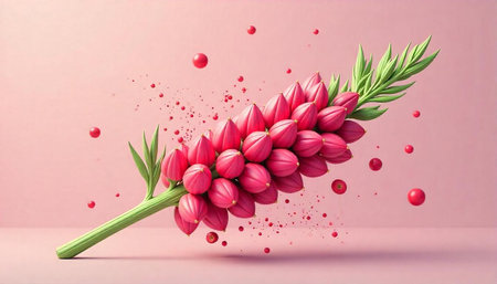 Stylized pink flower with floating spheres on pastel background