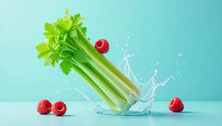 Fresh celery and raspberries with water splashes against background