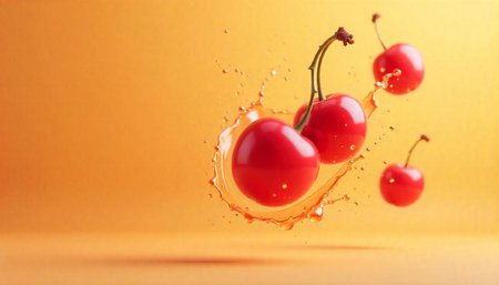 Fresh red cherries splashing in juice on bright background