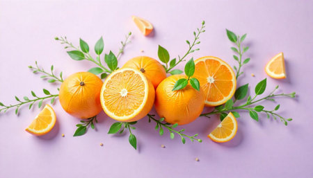 Bright oranges with greenery on a light purple background