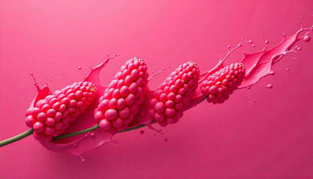 Vibrant pink corn inflorescences with liquid splash on background