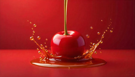 Glossy red apple being drizzled with golden syrup