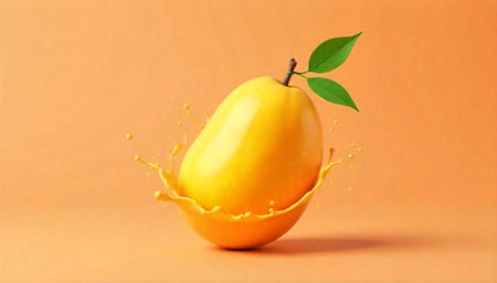 Fresh mango with splash on an orange gradient background