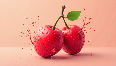 Pair of vibrant cherries with water droplets and splash
