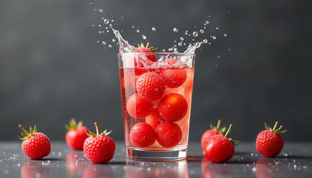 Fresh strawberry beverage with water splash on gray background