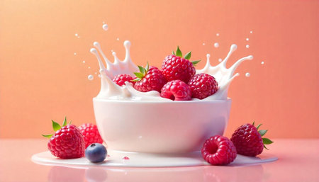 Raspberries in a bowl with a splash of milk