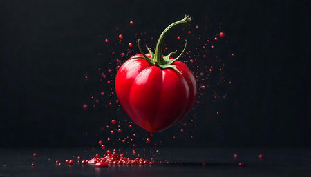 Artistic shot of a ripe tomato with red splatters