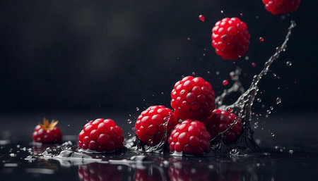 Fresh raspberries splashing into dark liquid with dynamic water