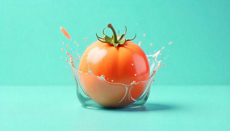 Tomato splashing in water against a teal backgroundの写真素材