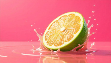 Lime slice splashing into a pool of pink liquid