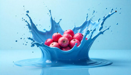 Red apples splashing into a blue liquid crown shape