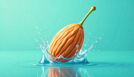 Abstract orange object falling into turquoise water creating splashes
