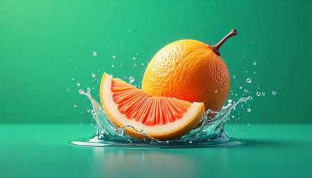 Fresh grapefruit splash on green backdrop creating visual refreshment