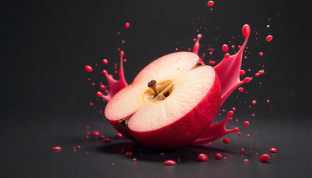 Sliced red apple with vibrant juice splash on black background