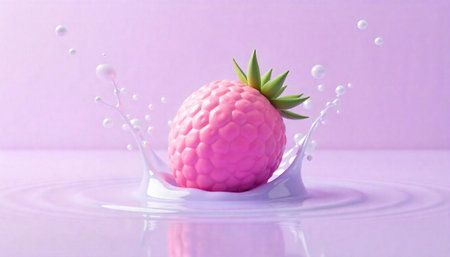 Fantasy pink fruit splashing in creamy liquid on purple backgroundの写真素材