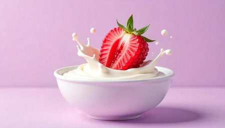 Strawberry half falling into bowl with cream splashの写真素材