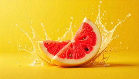 Fresh grapefruit wedges with juice splash on yellow backdropの写真素材