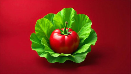 Red Tomato nestled in green lettuce on red backgroundの写真素材