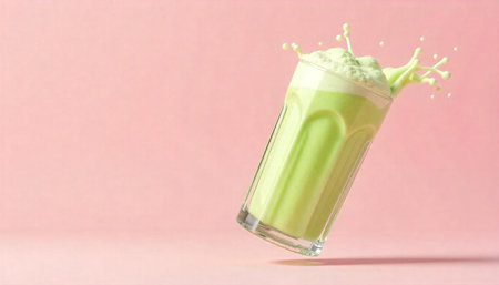 Green smoothie splash in glass on pastel backgroundの写真素材