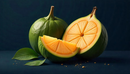 Exotic fruits with a cross section and leafy backgroundの写真素材