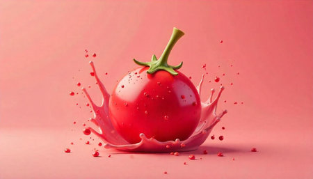 Vibrant tomato with splash against monochromatic pink studio backgroundの写真素材