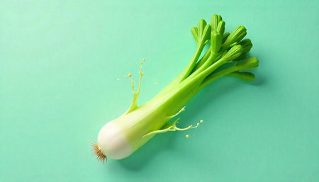 Fresh celery stalk with liquid splash on teal background