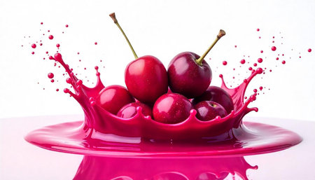 Cherries nestled within a bright splash of crimson liquid