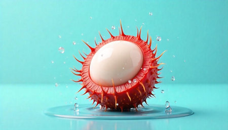 Fresh rambutan half on surface with water drops aroundの写真素材