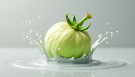 Green tomato splash in milk with organic visual elementの写真素材
