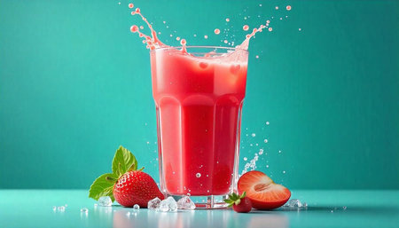 Refreshing strawberry juice with splash on a vivid backgroundの写真素材