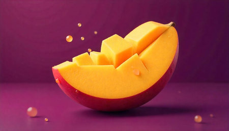 Juicy mango slice with cubes on magenta backgroundの写真素材