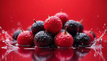 Wet cherries in a vibrant red setting, splashing water