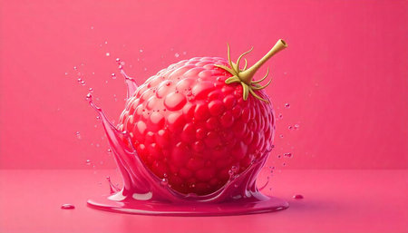 Isolated raspberry with juice splash against monochrome pink background