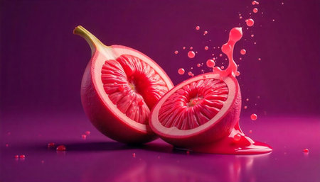 Halved pink fruit with juice droplets on magenta background