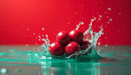 Red berries splashing in teal water against vibrant backdrop