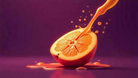 Juice pouring into half orange on violet background
