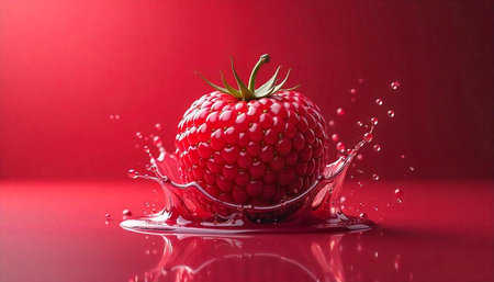 Vibrant raspberry splashing into red liquid, studio shot